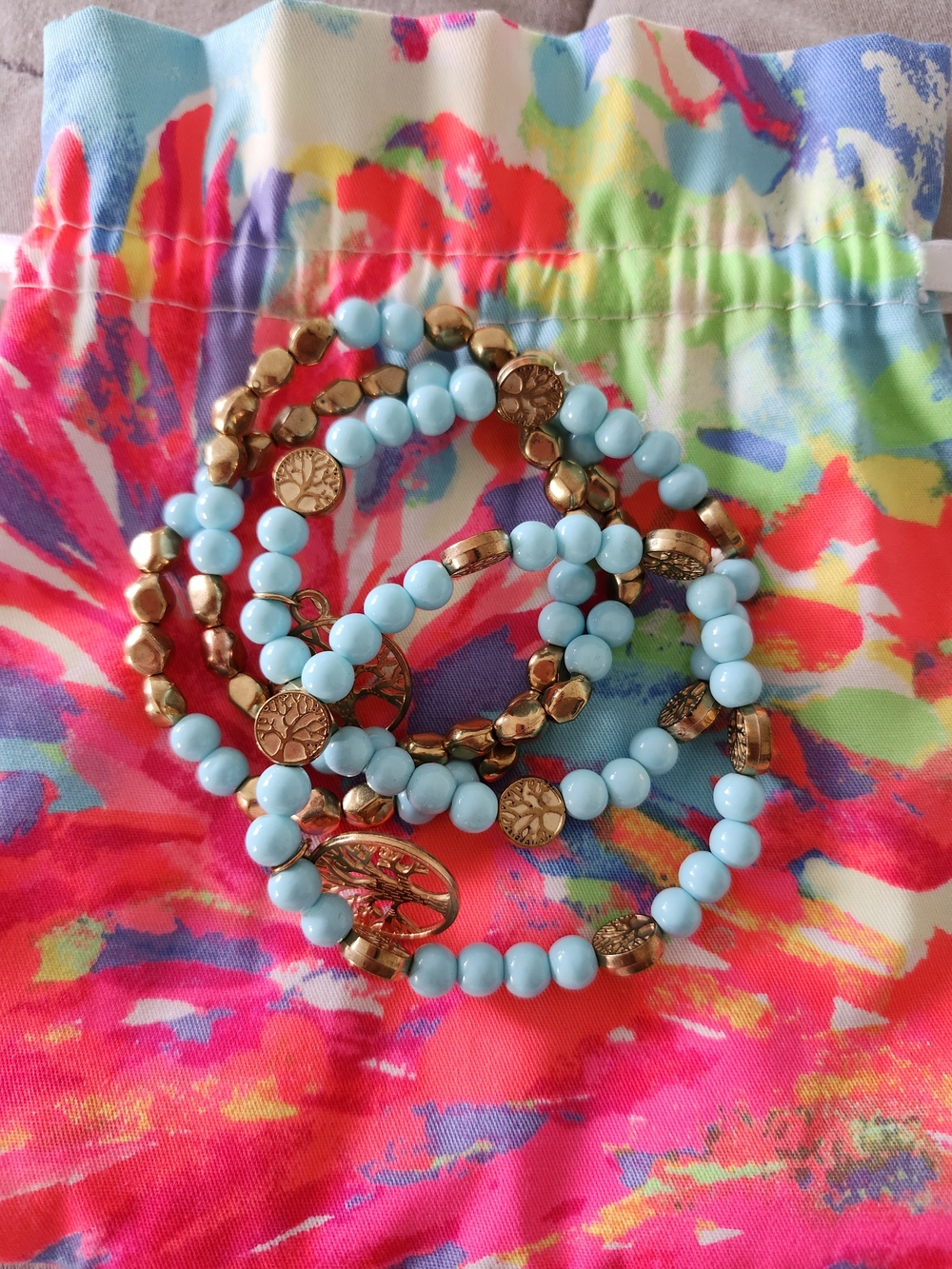 Tree of Life Gold and Light Blue Beaded Stretch Bracelet Set